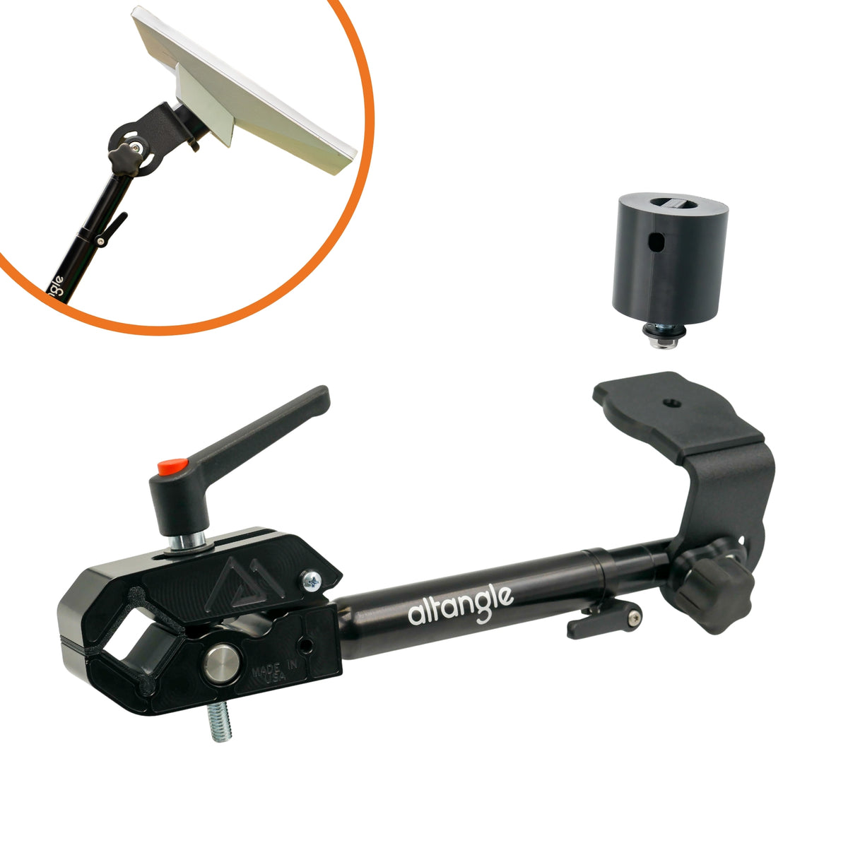 Connect Starlink mount on a white background — clamp, telescoping bar and Hub Attachment pad, with the Starlink Mini pole mount adapter shown separately and an inset of the dish mounted