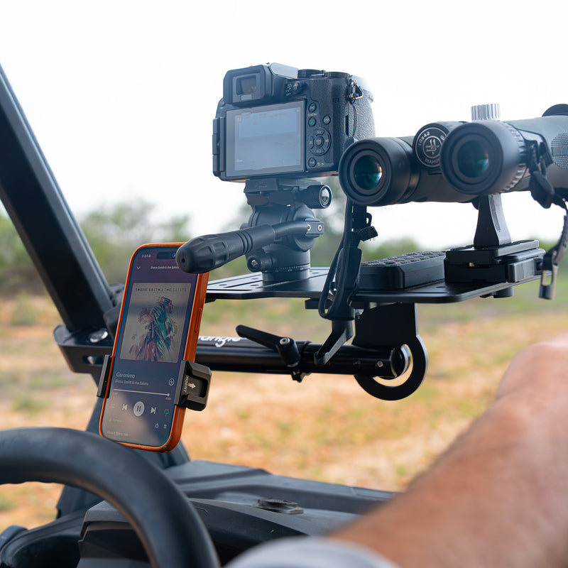 Hub clamped to a bench with a DSLR or video monopod head on top