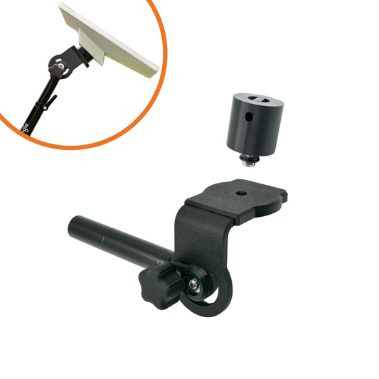 Altangle Starlink Attachment on a white background — offset bar and Hub Pad with the Starlink Mini pole mount adapter shown separately, and an inset of the dish mounted
